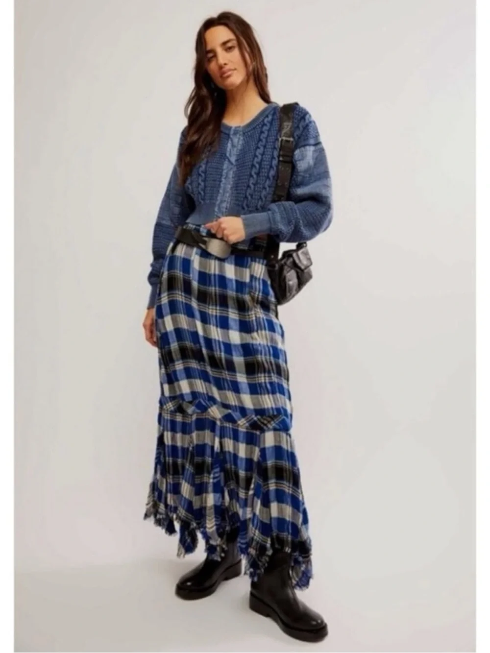Free People Patchwork Chunky Cable Knit Heritage Cardi Cardigan Sweater Large